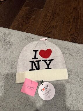 kate spade  "I ♥ NY" Beanie in Cream with Red Heart and Black Lettering